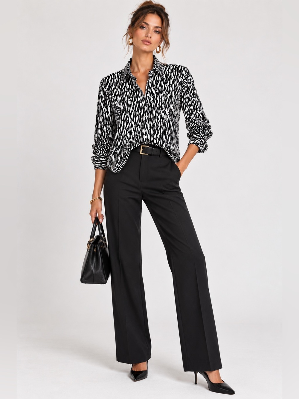 Women’s L Black White Abstract Print Button Front Shirt Long Sleeve Work Blouse